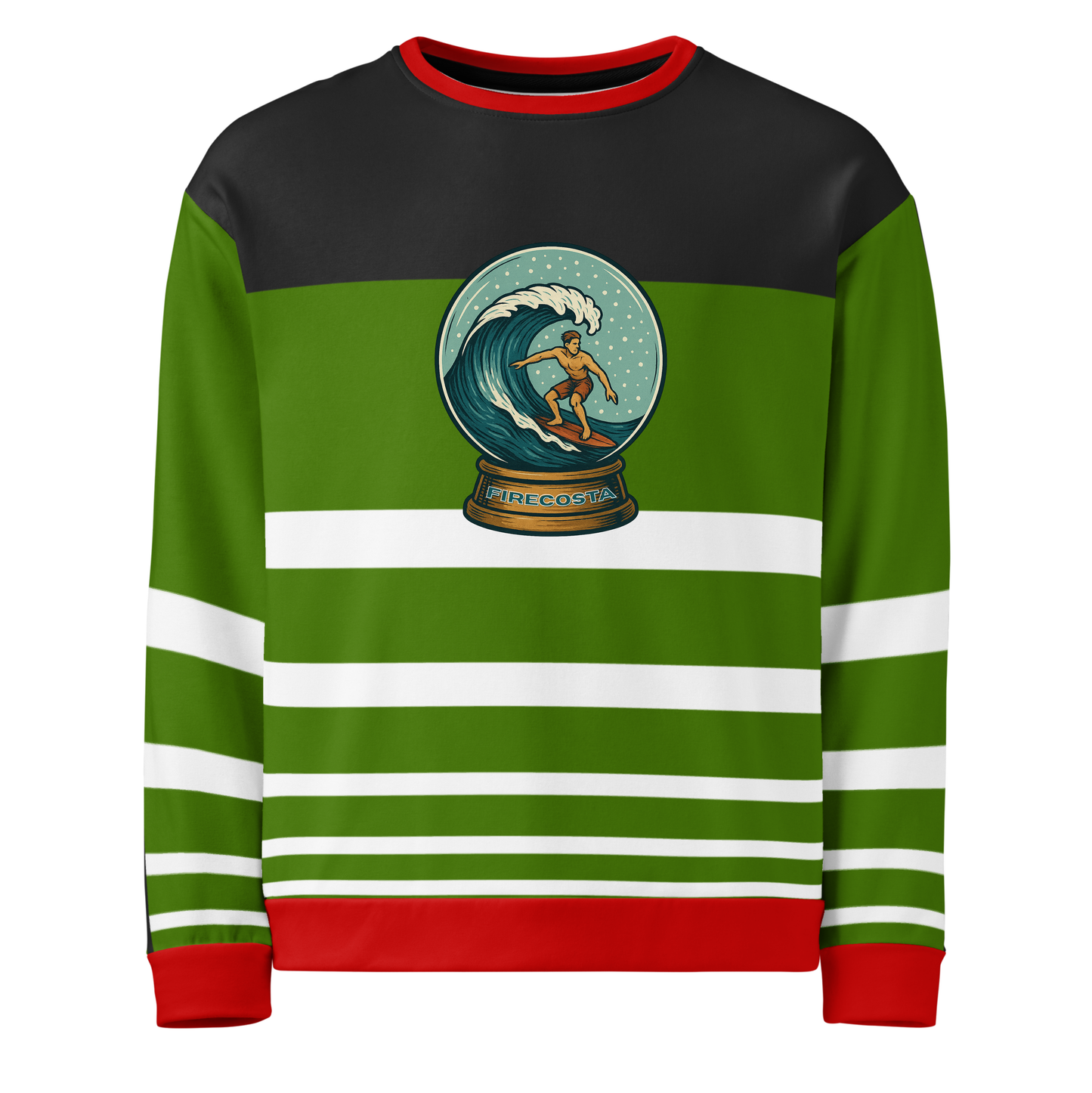 Green, red, and black striped sweater with a snow globe design with a surfer surfing for Christmas and Holidays FireCosta