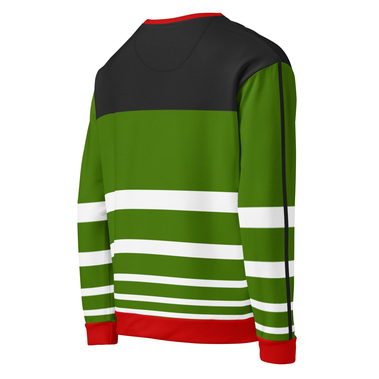 Green, red, and black striped sweater with a snow globe design with a surfer surfing for Christmas and Holidays FireCosta