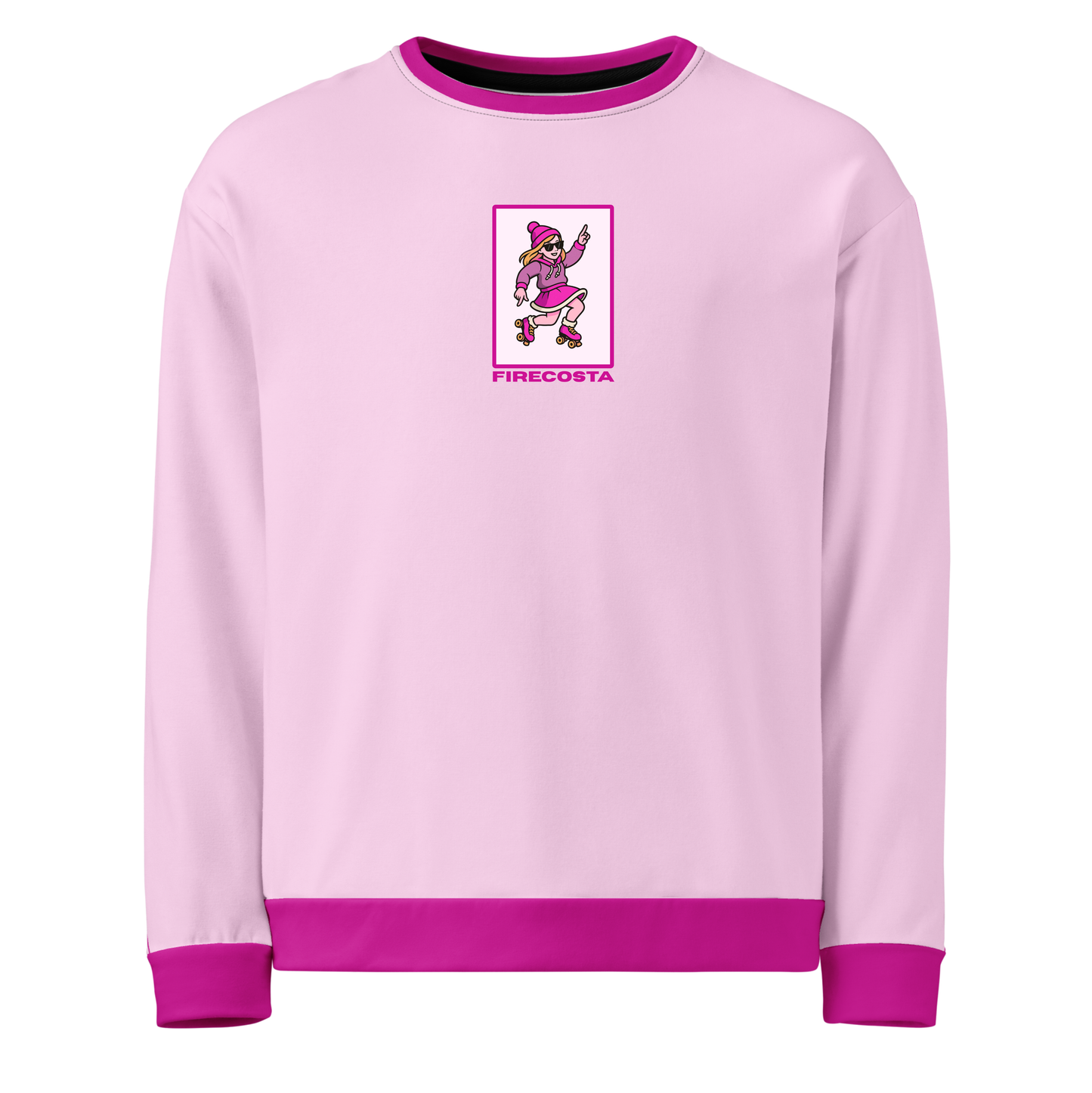 Pink sweatshirt with a woman roller skater in pink Christmas attire on the chest FireCosta
