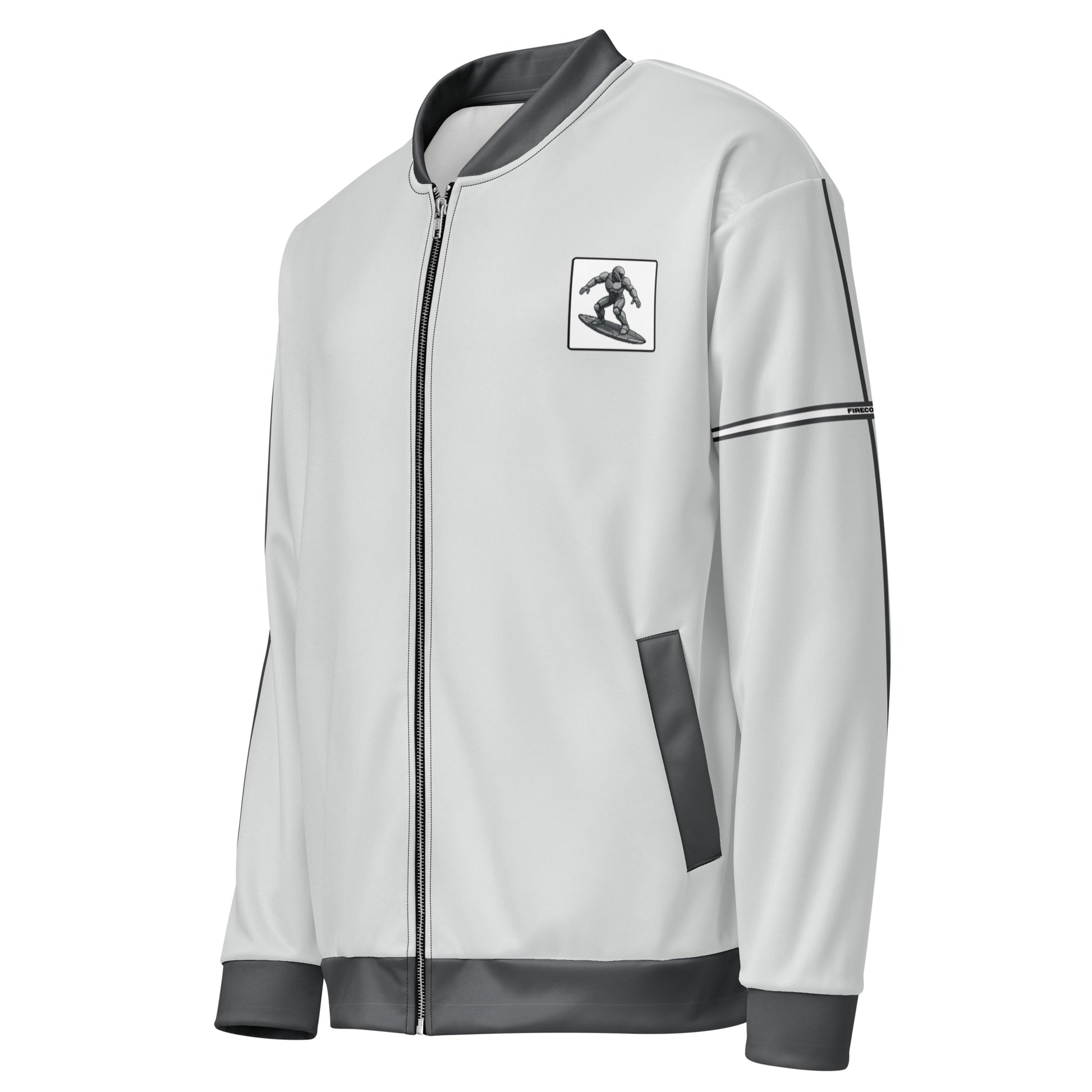 Light gray unisex bomber jacket with black trim and a small robot surfer logo on the chest, displayed on a plain background — FireCosta Robot Surfer Bomber Jacket.