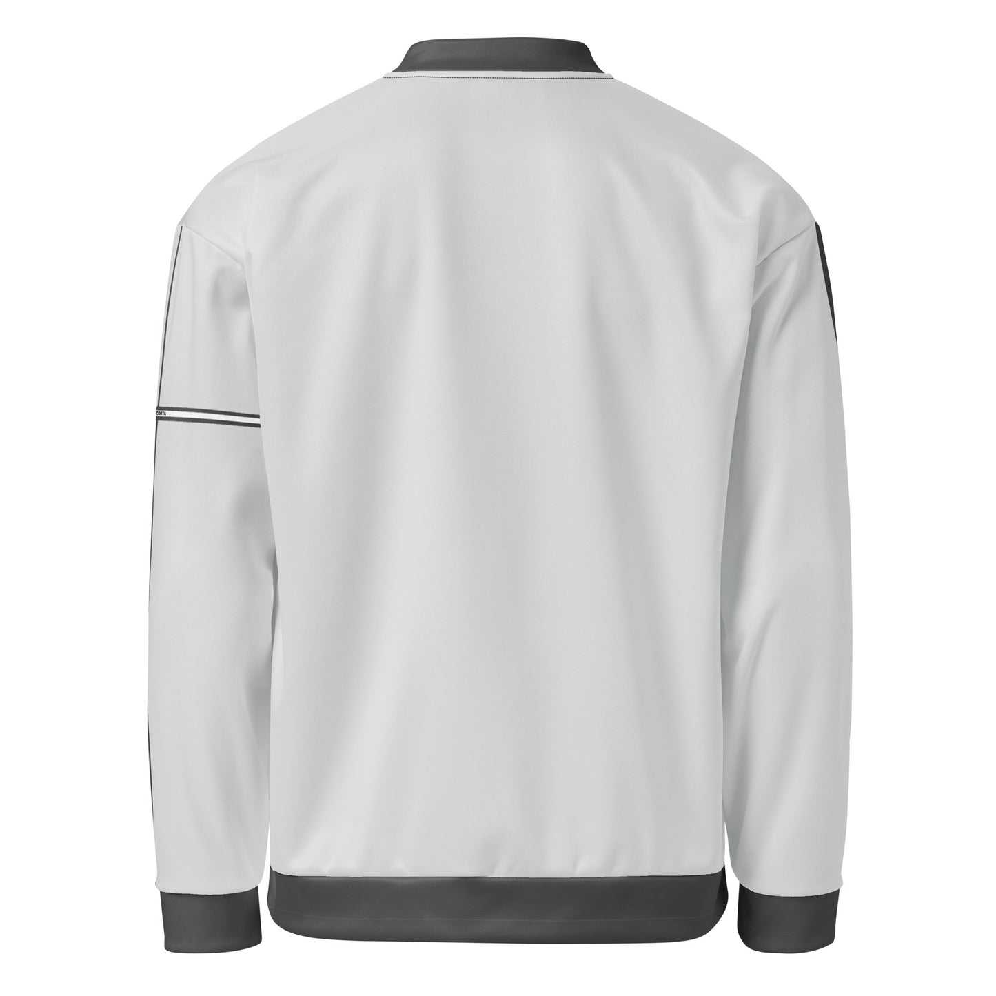 Light gray unisex bomber jacket with black trim and a small robot surfer logo on the chest, displayed on a plain background — FireCosta Robot Surfer Bomber Jacket.