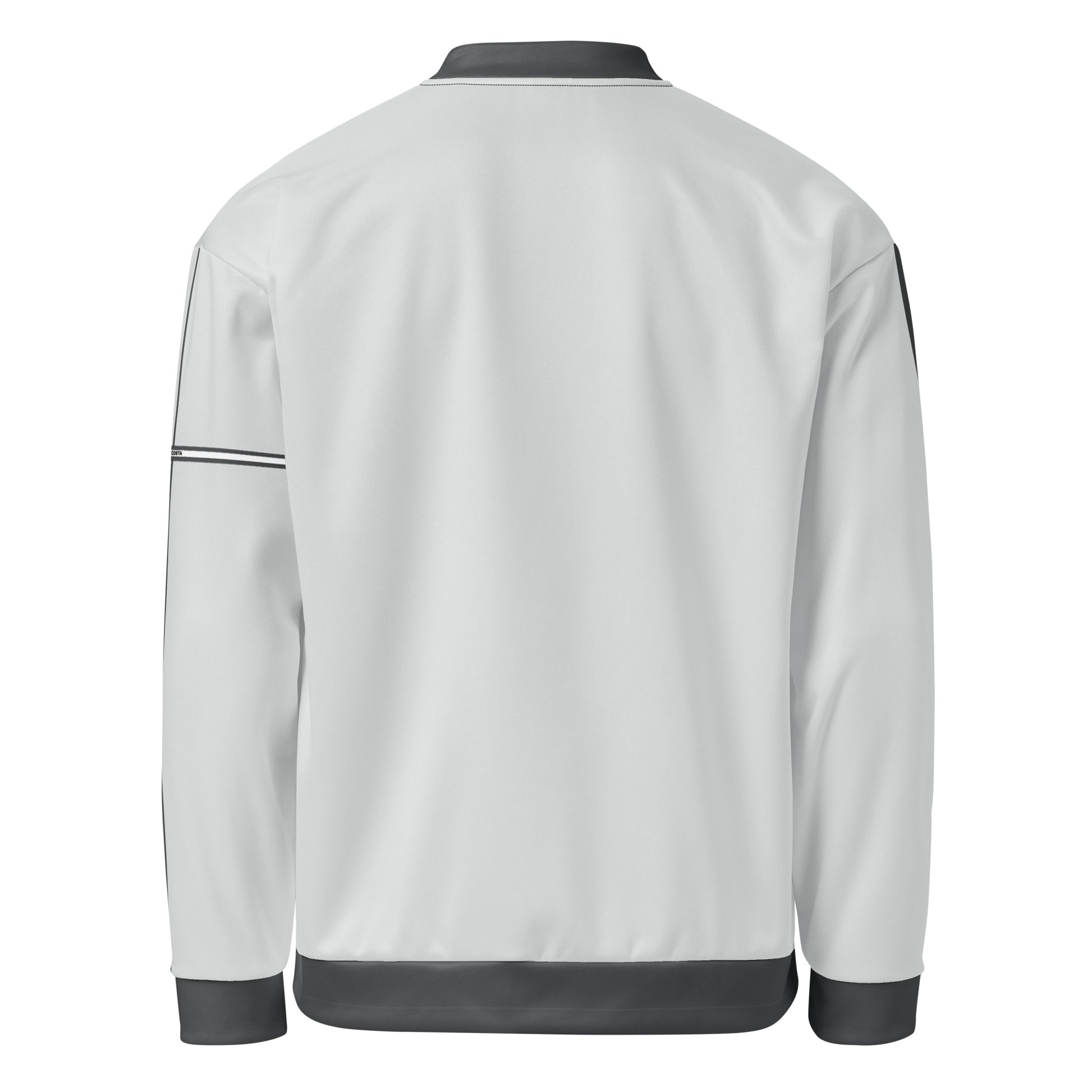 Light gray unisex bomber jacket with black trim and a small robot surfer logo on the chest, displayed on a plain background — FireCosta Robot Surfer Bomber Jacket.