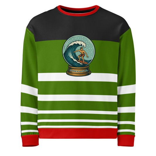 Green, red, and black striped sweater with a snow globe design with a surfer surfing for Christmas and Holidays FireCosta