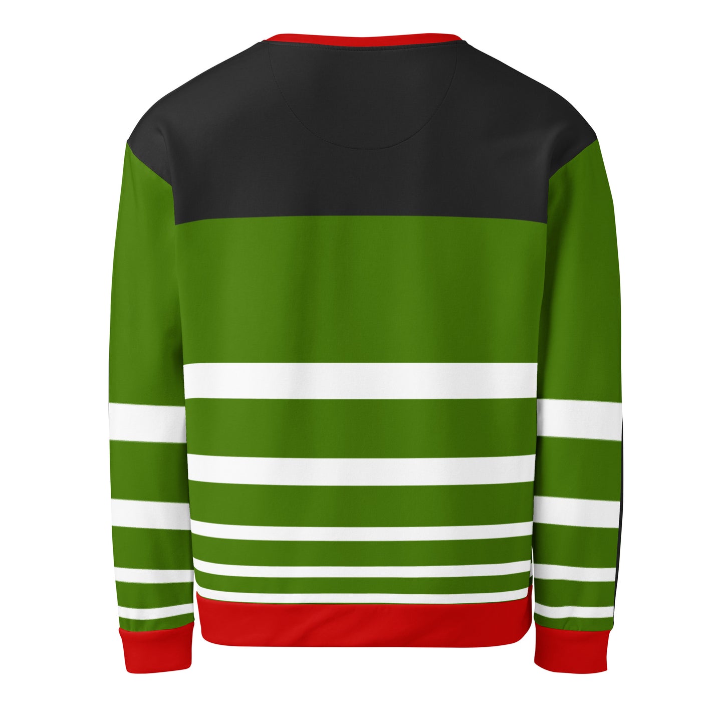 Green, red, and black striped sweater with a snow globe design with a surfer surfing for Christmas and Holidays FireCosta