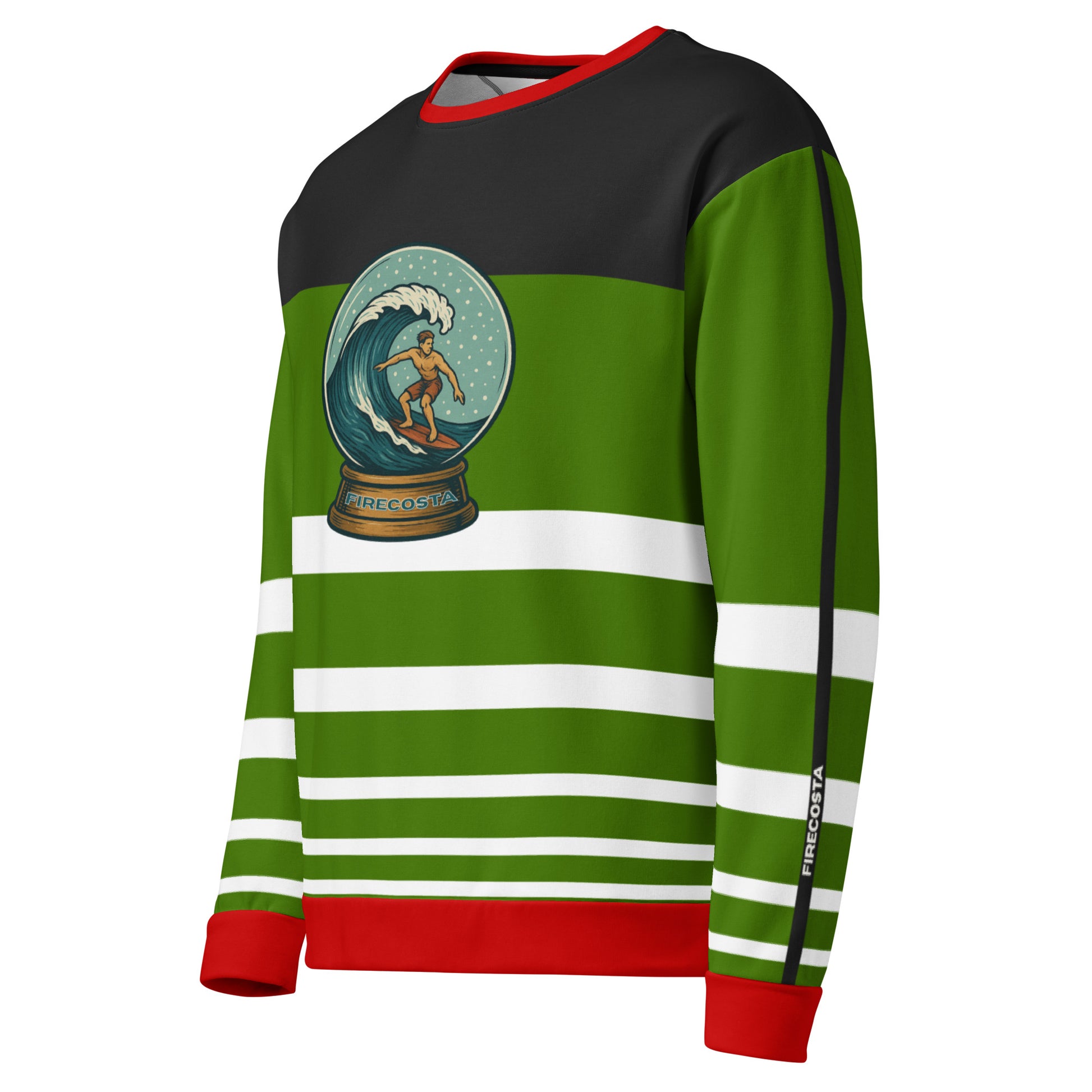 Green, red, and black striped sweater with a snow globe design with a surfer surfing for Christmas and Holidays FireCosta
