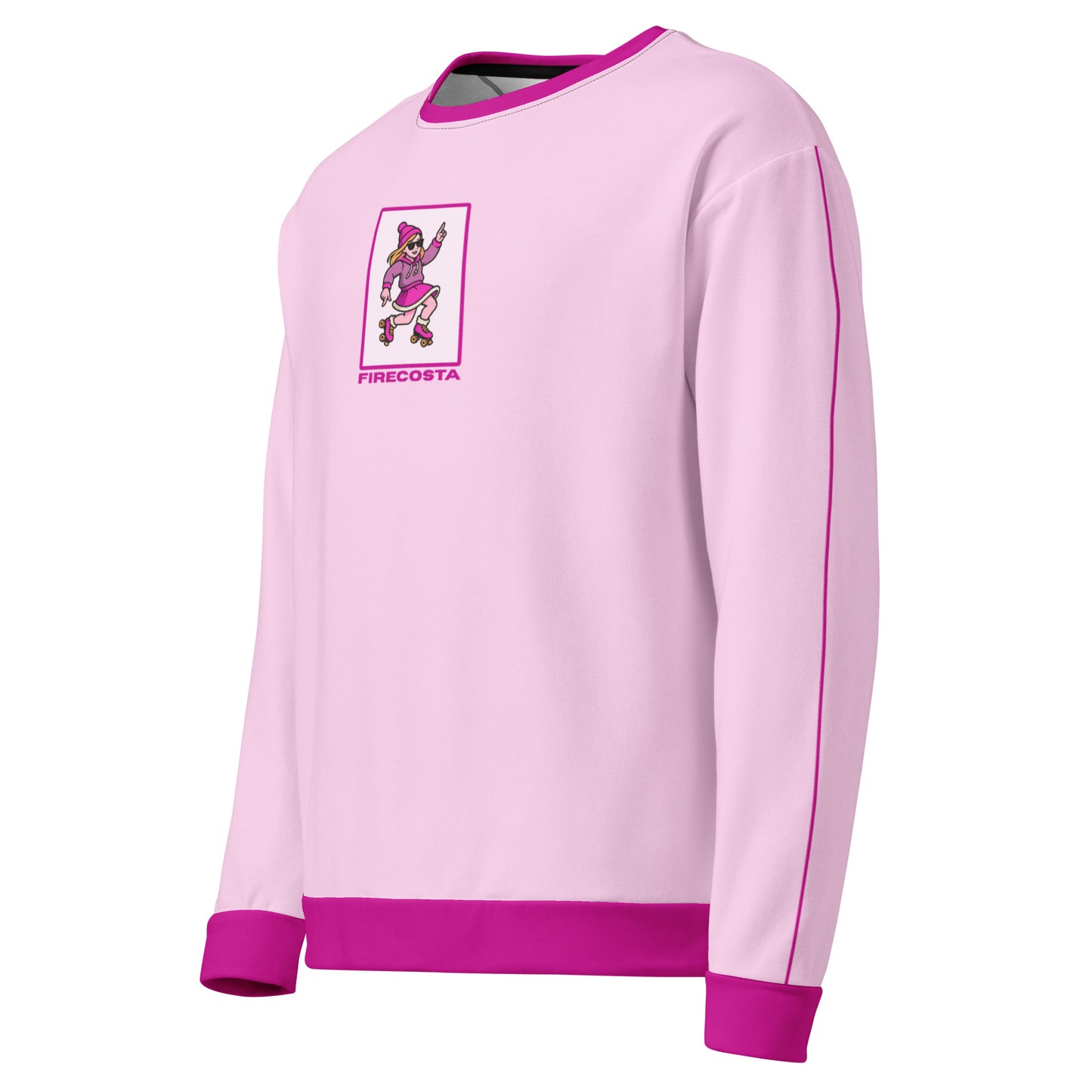 Pink sweatshirt with a woman roller skater in pink Christmas attire on the chest FireCosta